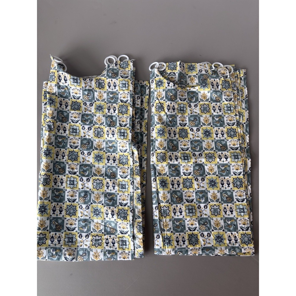 Set/2 Handmade Fabric Curtain Panels Bird Peacock Rustic Cottage 34x34" Blue/Ylw